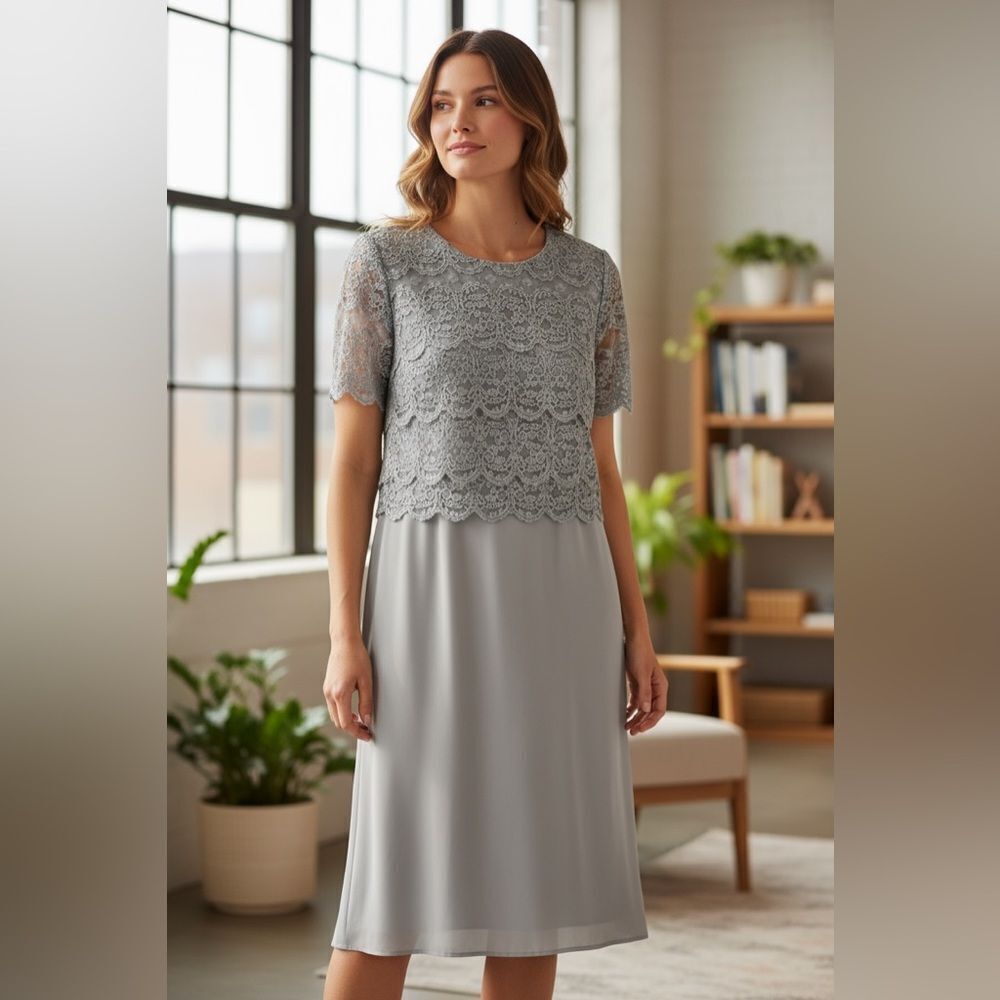 NWT R & M Collection Plus Size Elegant Lace Overlay Silver Gray MIDI Dress - 18